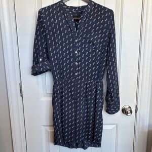 Ann Taylor Dark Blue Long Sleeve Dress with White Pattern